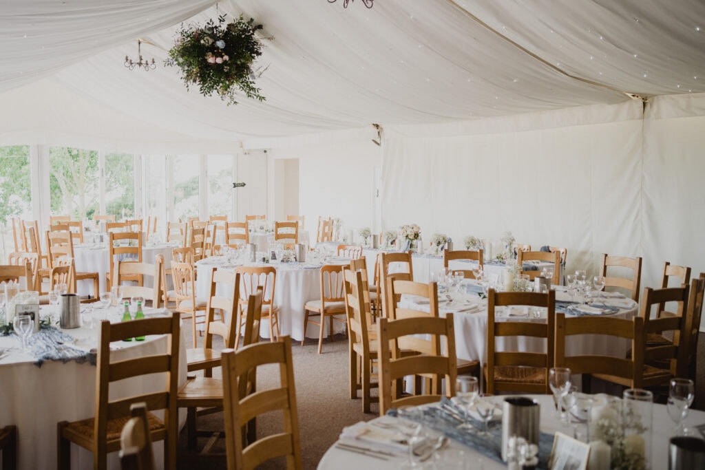 The marquee dressed for a wedding at The Ferry House in Kent