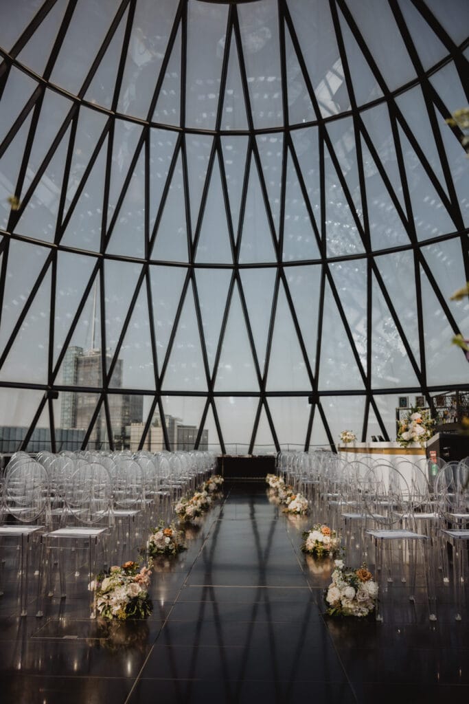 Chairs and lowers lined up for the guests at The Gherkin